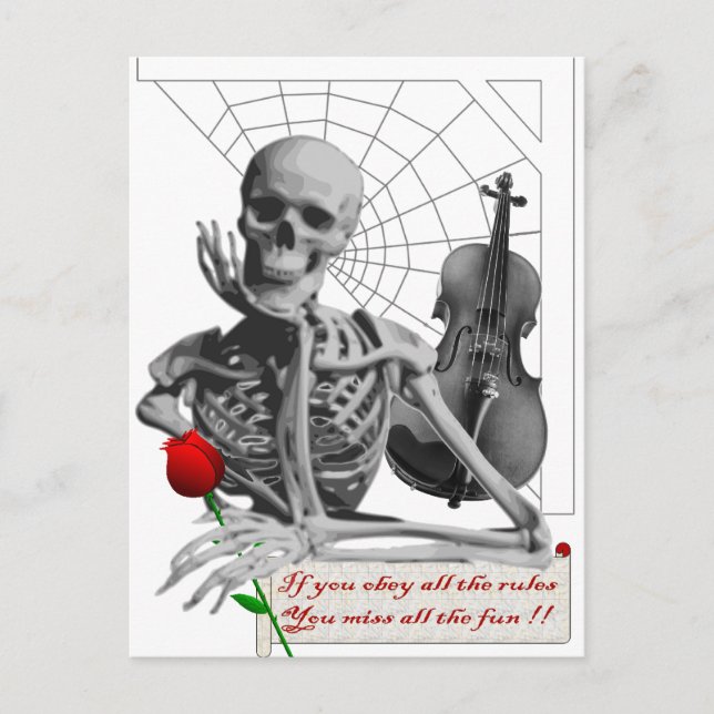 Rule Breaking Skeleton with Rose and Violin. Postcard (Front)