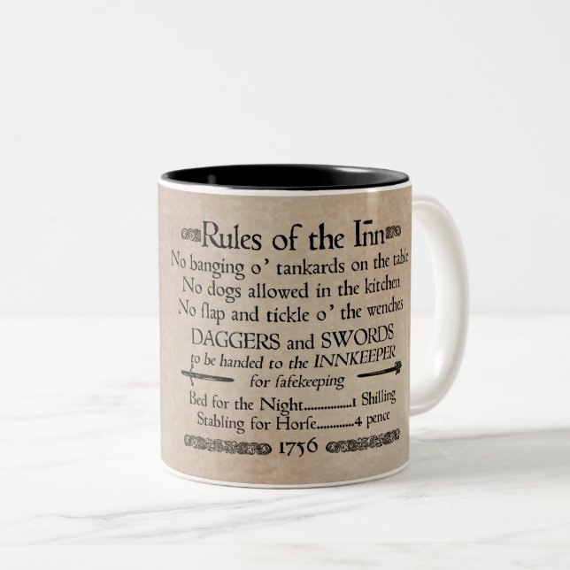 Rules of the Inn, 18th Century Innkeeper Sign Two-Tone Coffee Mug (Front Right)