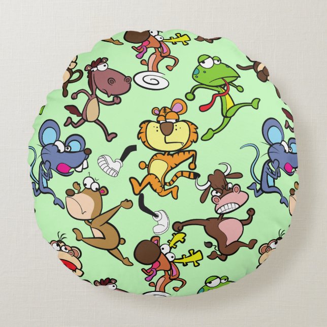 Run 2023, Cute Cartoons running around L Green BG Round Cushion (Front)