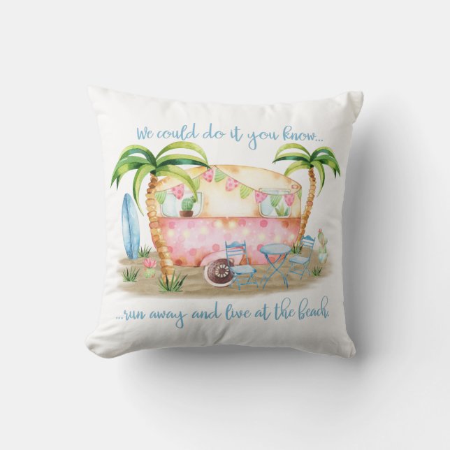 "Run away and live at the beach" - Camper Caravan Cushion (Front)