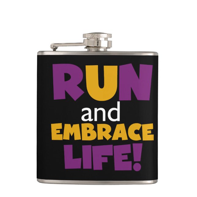 Run Embrace Life Purple Yellow Hip Flask (Front)