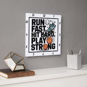 Run Fast Hit Hard Play Strong  Square Wall Clock
