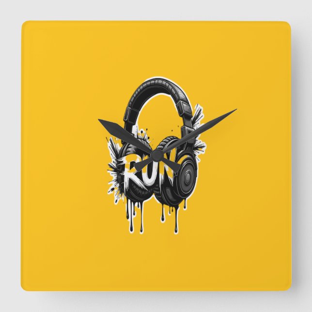 RUN Headphones Street Art Sticker Square Wall Clock (Front)