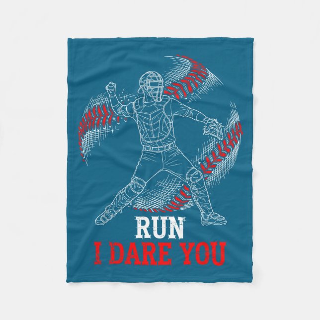 Run I Dare You Funny Baseball Catcher Graphic Play Fleece Blanket (Front)