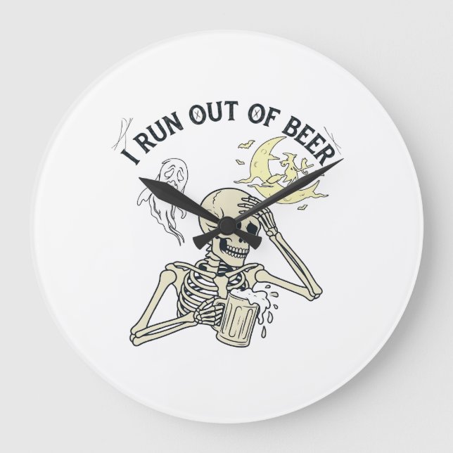 Run Out Beer Skeleton Ghost Moon Halloween_1 Large Clock (Front)
