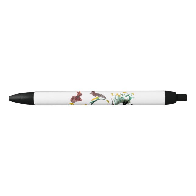 Run Rabbit Run, Floral Animal Art Black Ink Pen (Front)