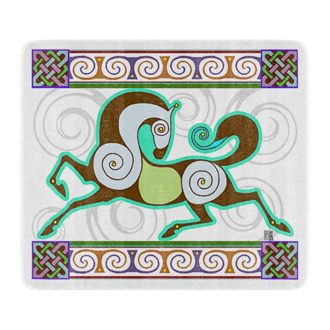 RunequineTM Glass Cutting Board: Green Norse Horse Cutting Board (Front)