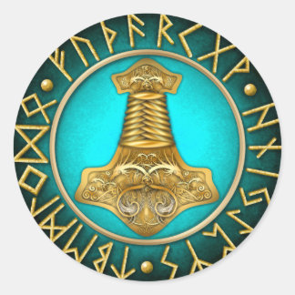Runes - Thors Hammer - Teal Classic Round Sticker