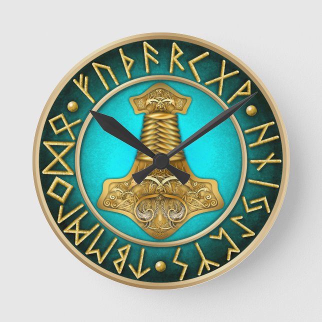Runes - Thors Hammer - Teal Round Clock (Front)