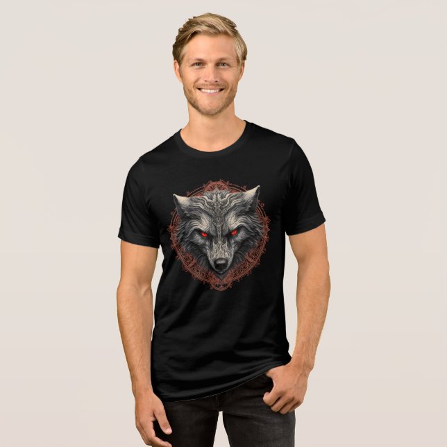 Runic Black Wolf – Red Eyes Tribal Design Tri-Blend Shirt (Front Full)