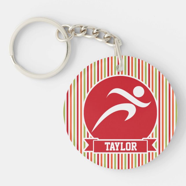 Runner, Running; Red, Green, Orange Stripes Key Ring (Front)