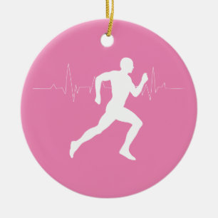 Runner Silhouette With Heart Beat Line Pink Ceramic Ornament