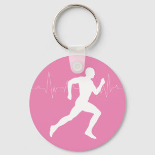 Runner Silhouette With Heart Beat Line Pink  Key Ring