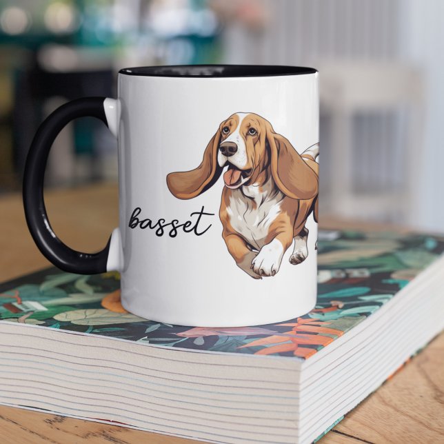 Running and Playful Basset Hound Mug (Basset Hound momma two toned coffee mug that you can customize.  For all basset lovers. )