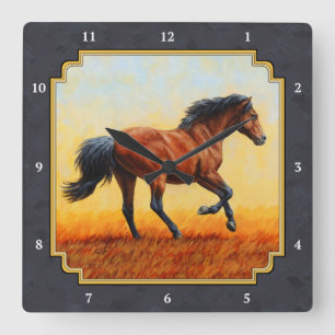 Running Bay Horse Charcoal Grey Square Wall Clock