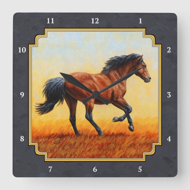 Running Bay Horse Charcoal Grey Square Wall Clock (Front)