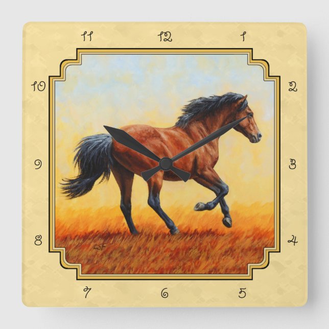 Running Bay Horse Yellow Square Wall Clock (Front)