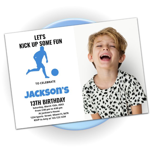 Running Blue Soccer Birthday Invitations w photo (Creator Uploaded)