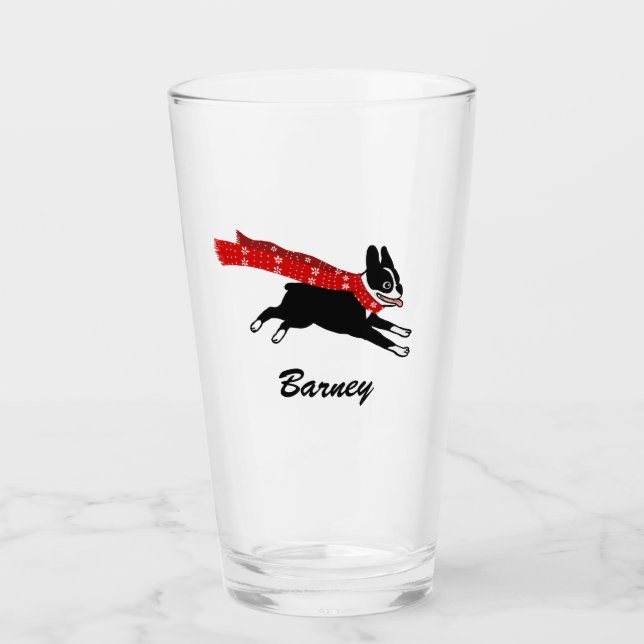 Running Boston Terrier Wearing Scarf Personalised Glass (Front)