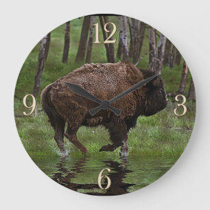 Running Buffalo & Forest, Bison-lover's Design Large Clock