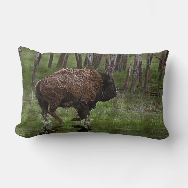 Running Buffalo & Forest, Bison-lover's Design Lumbar Cushion (Front)