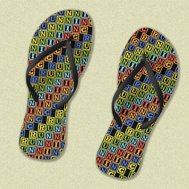 Running colourful lettering pattern thongs (Showing narrow black straps)