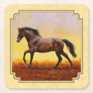 Running Dark Bay Horse Yellow Square Paper Coaster