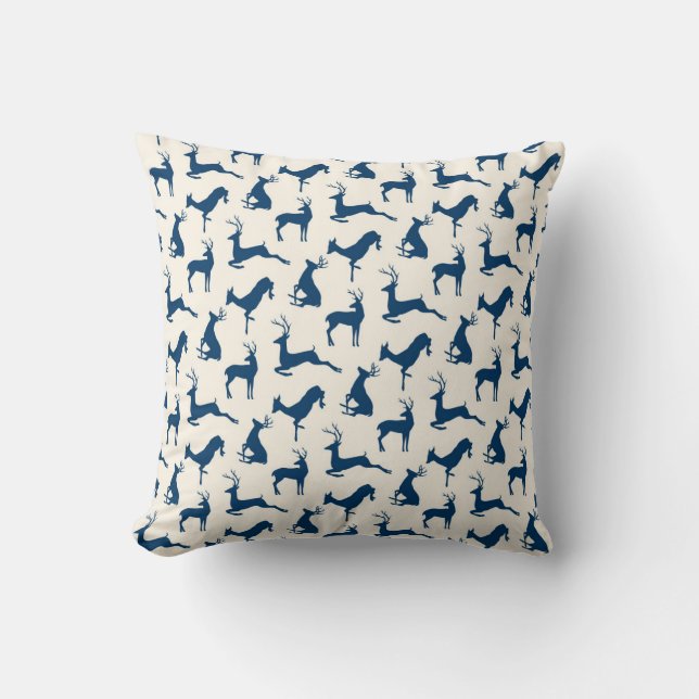 Running Deer and Buck Pattern in Blue on Cream Cushion (Front)