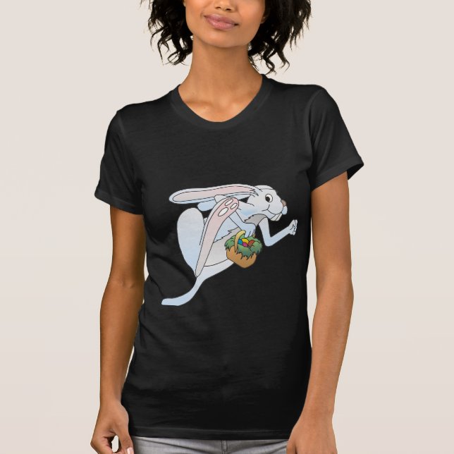 Running Easter Bunny and basket of eggs T-Shirt (Front)