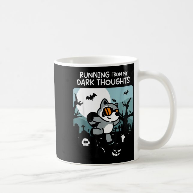 Running from Dark Thoughts Funny Racoon Halloween Coffee Mug (Right)