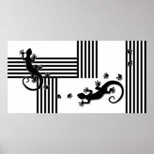 Running Gecko - black & white stripes abstract Poster