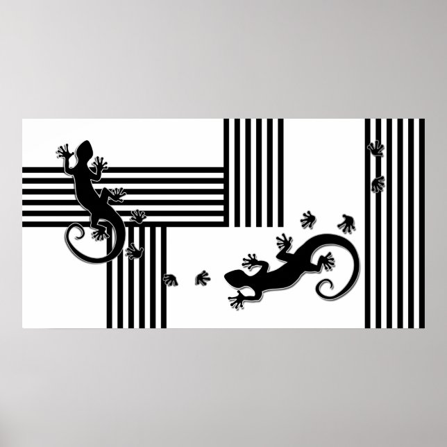 Running Gecko - black & white stripes abstract Poster (Front)