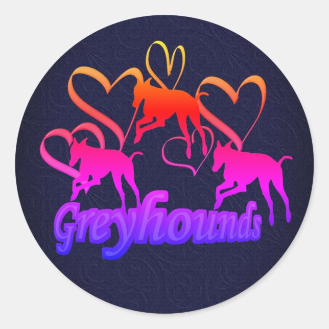 Running Greyhounds Hearts Dog Rainbow Classic Round Sticker (Front)