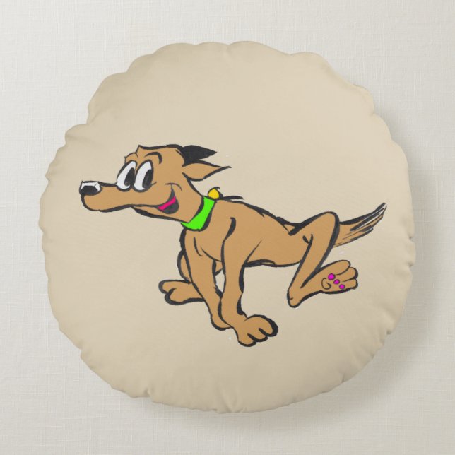 Running Happy Dog Cartoon Kids Round Pillow (Front)