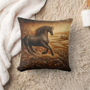 Running Horse in a Rustic Landscape at Dusk Cushion