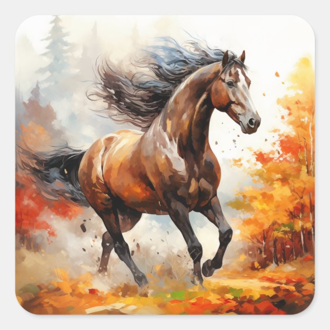 Running Horse in Autumn Square Sticker (Front)
