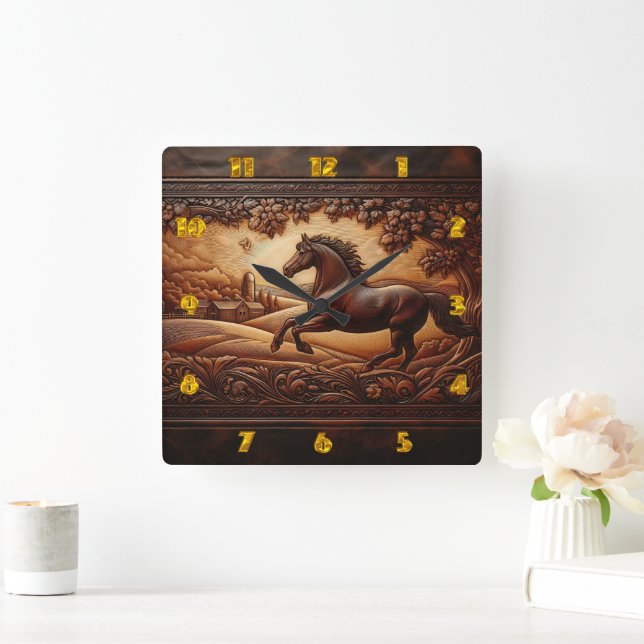 Running Horse in Countryside Square Wall Clock (Home)