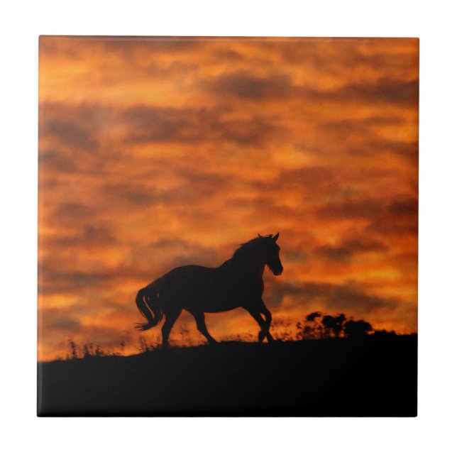 Running Horse In Fiery Sunset Ceramic Tile (Front)