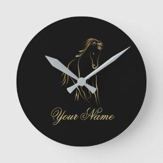 Running horse in gold colour round clock