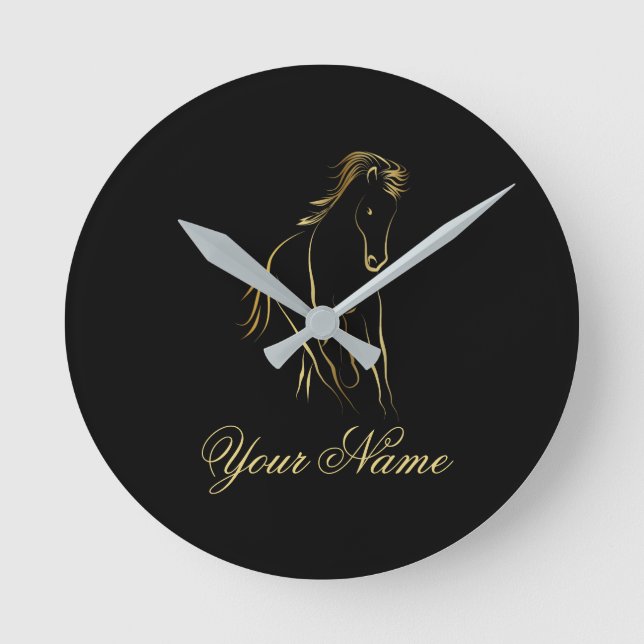 Running horse in gold colour round clock (Front)