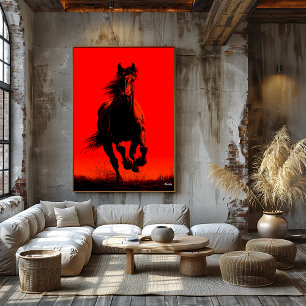 Running Horse Poster – Black Silhouette on Red