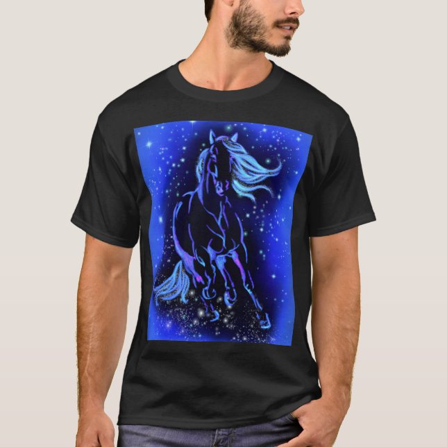Running Horse T-Shirt Blue Moonlight Starry Night  (Front)