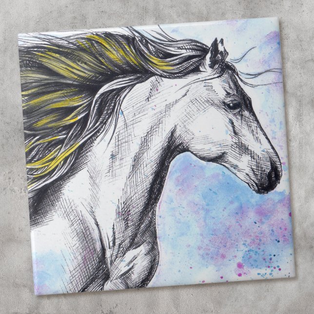 Running Horse Watercolor and Ink Equine art Ceramic Tile (Creator Uploaded)