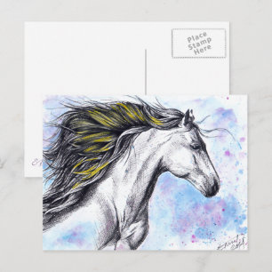 Running horse Watercolor and Ink Equine art Postcard