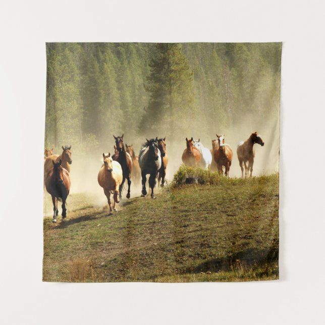Running horses on Montana ranch Tapestry (Front)