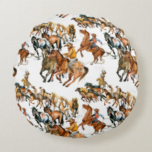 Running horses seamless pattern. American cowboy. Round Cushion