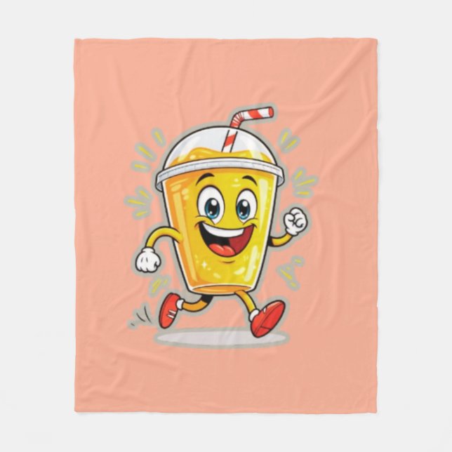 **Running Juice Cup Cartoon – Fun Street Drink Cha Fleece Blanket (Front)