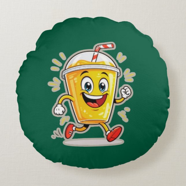 **Running Juice Cup Cartoon – Fun Street Drink Cha Round Cushion (Front)
