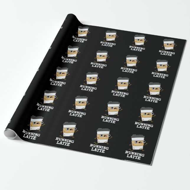 Running Latte Funny Coffee Pun Dark BG Wrapping Paper (Unrolled)