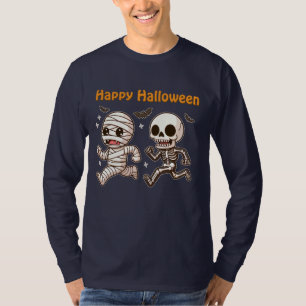 Running Mummy & Skeleton – Cute Halloween Duo T-Shirt